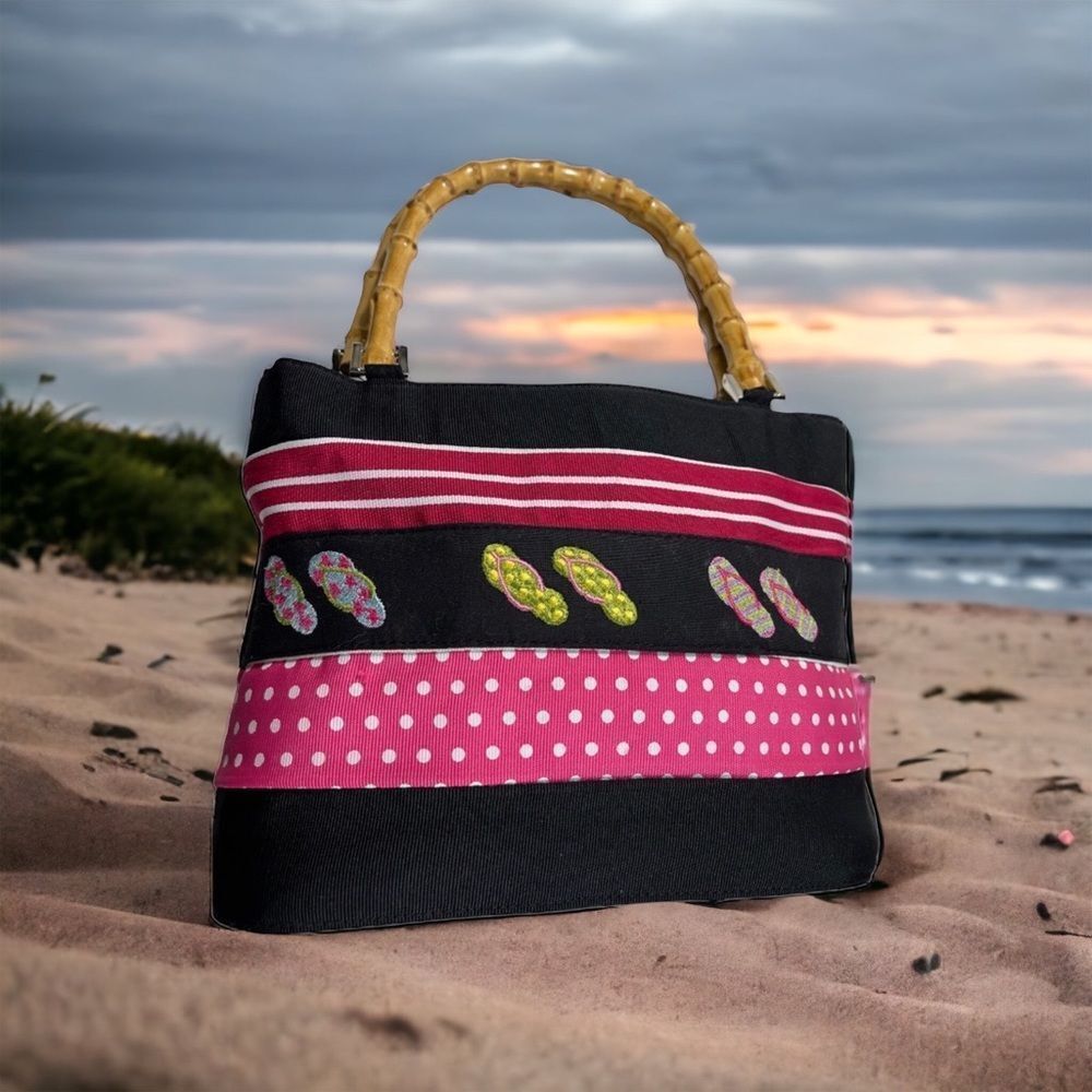 Canvas Bag with Flip Flop Motif - Bamboo Handles